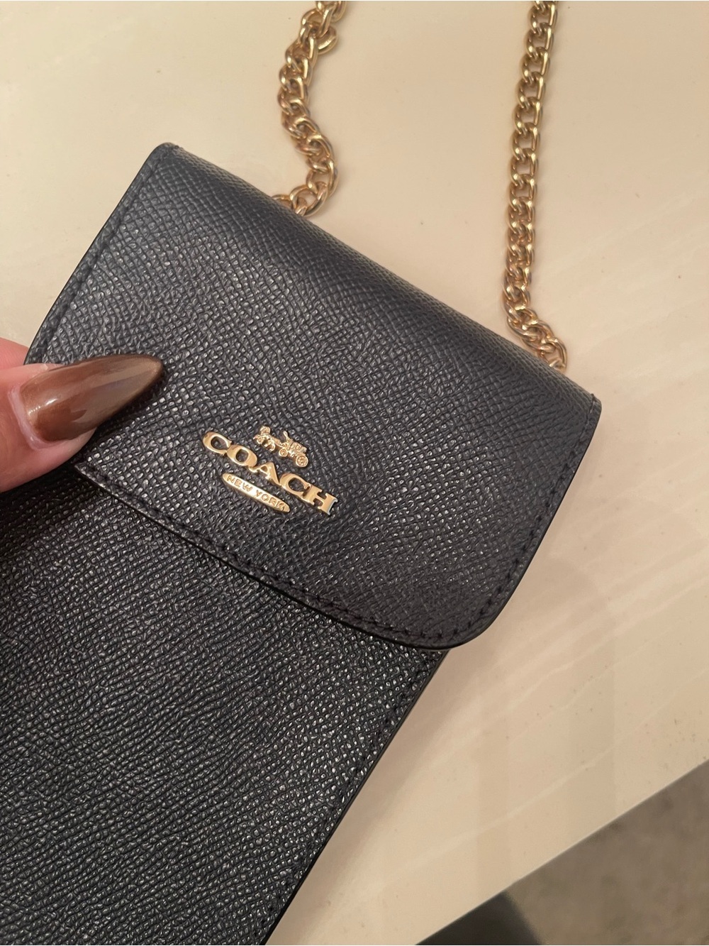 Coach Black Leather Crossbody Phone Pouch with Gold Chain